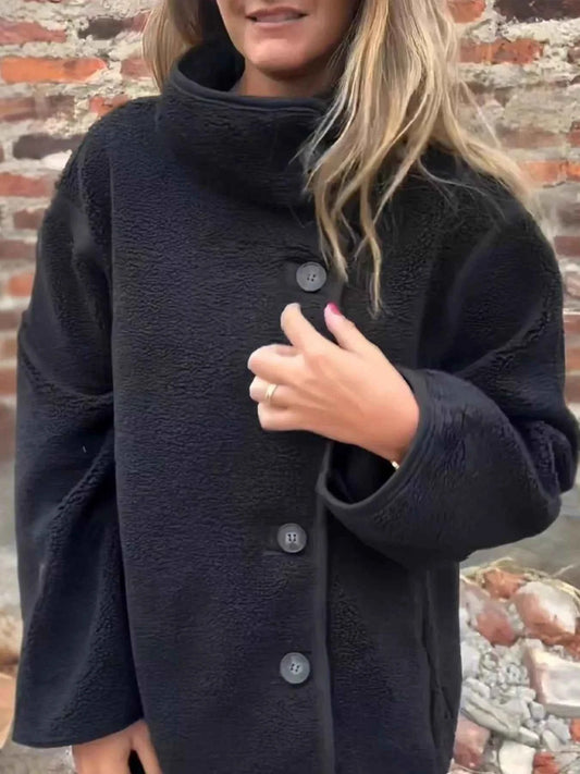 Full Size Button Up Long Sleeve Fleece Jacket Plus Size