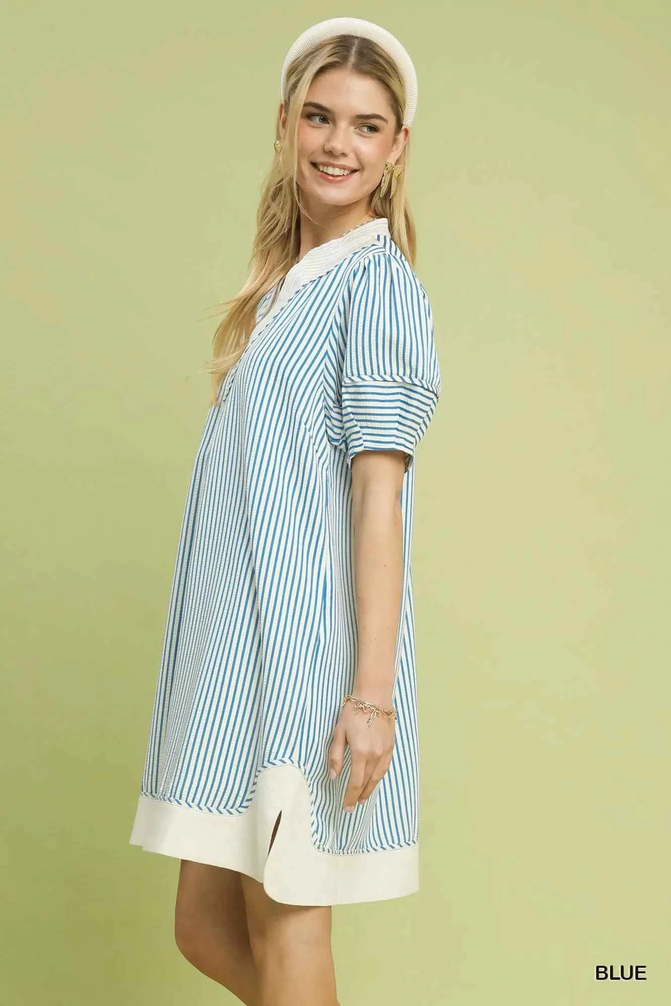 Umgee Pinstripe Shift Dress with Contrast Trim