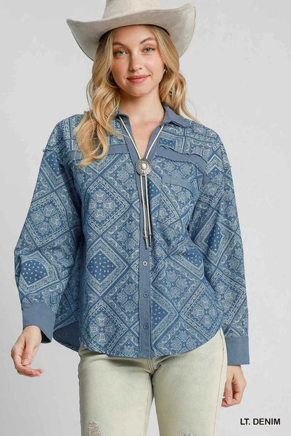 Umgee Paisley Print Denim Shirt Jacket