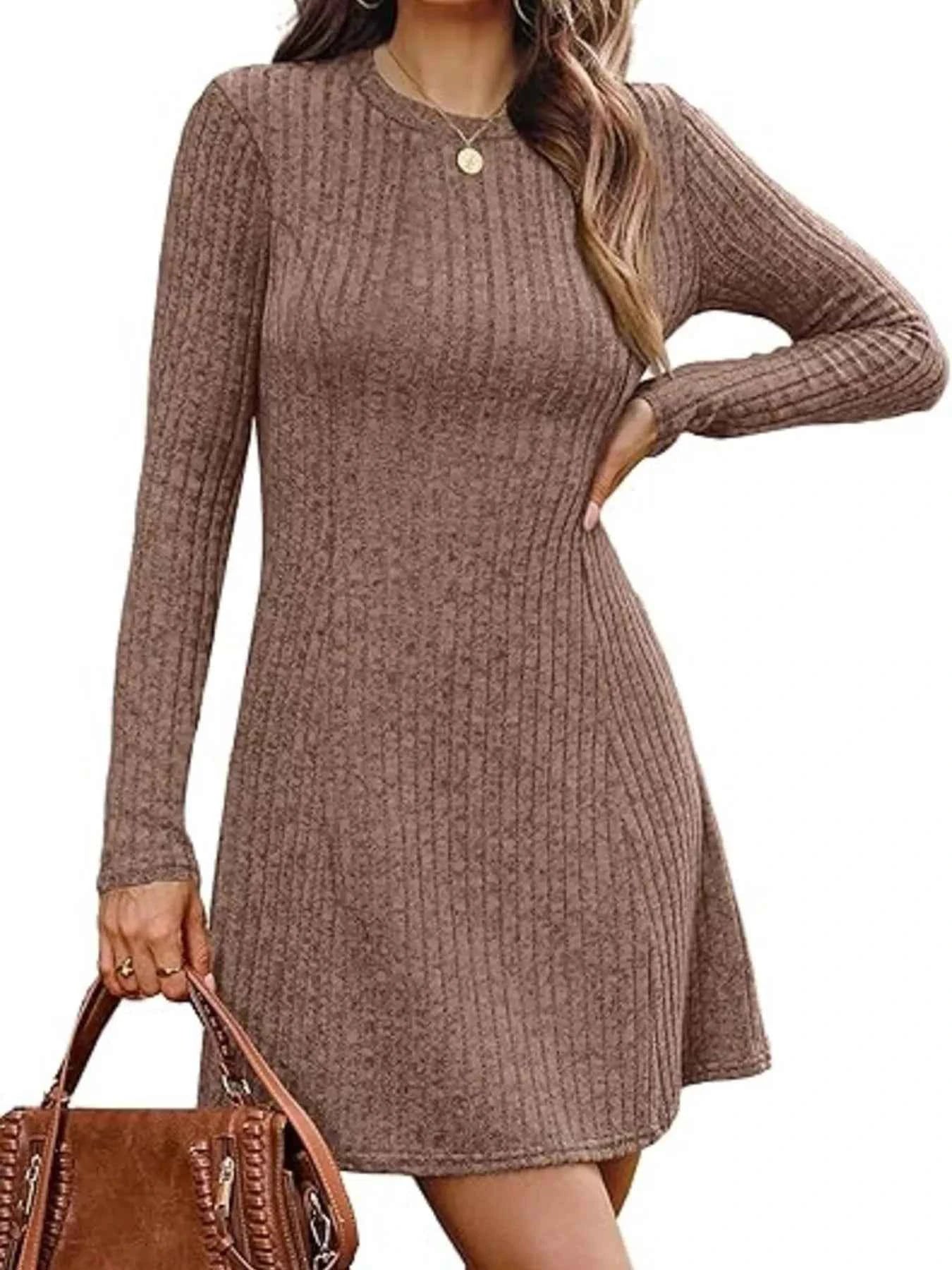 Ribbed Knit Long Sleeve A-Line Dress