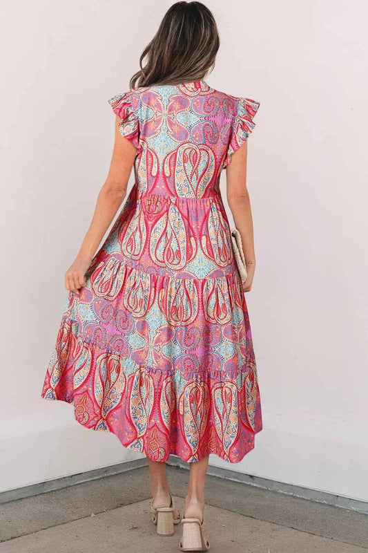 Tribal Paisley Print Ruffled Sleeve Notch Neck Midi Dress