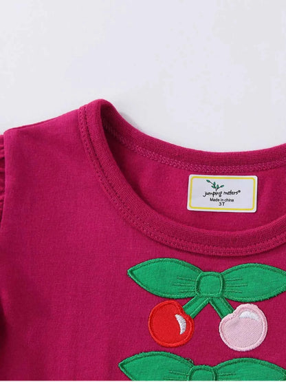 Children's Cherry Bowknot Applique Ruffle Sleeve Casual Dress