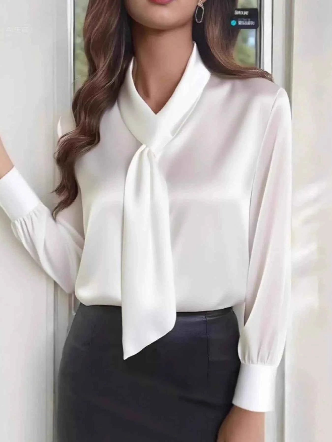 Satin Tie-Neck Long Sleeve Blouse