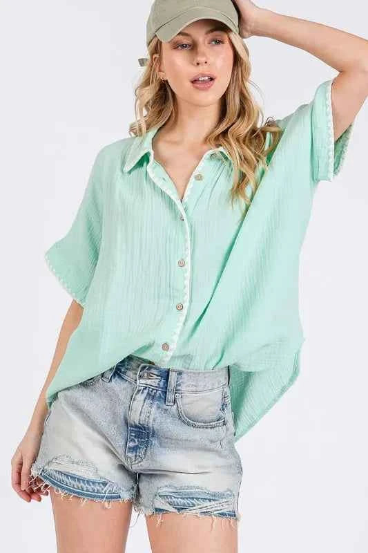 SAGE+FIG Boho Contrast Zigzag Trim Gauze Button-Up Shirt