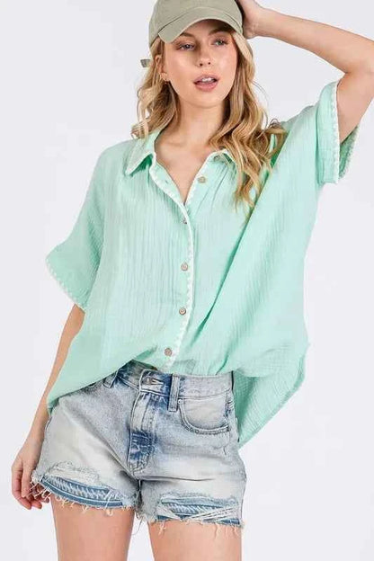 SAGE+FIG Boho Contrast Zigzag Trim Gauze Button-Up Shirt
