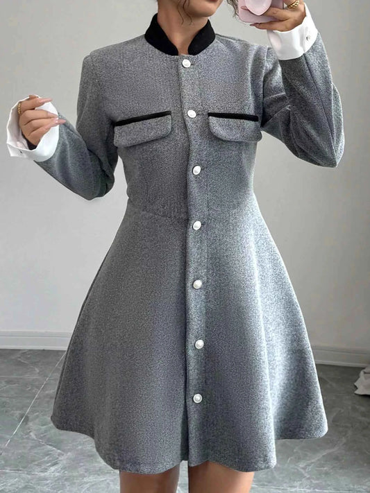A-Line Long Sleeve Button-Down Dress