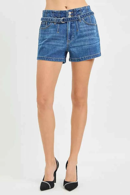 RISEN Double Button Slouchy Denim Shorts with Belt