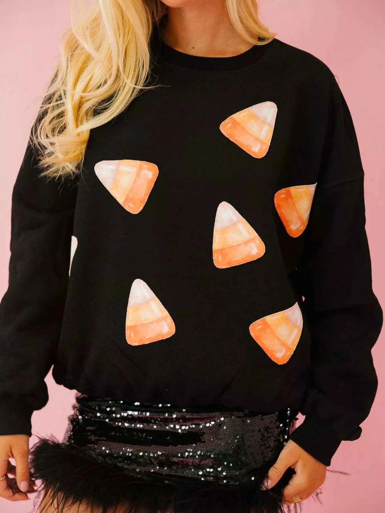 Halloween Sequin Round Neck Sweatshirt