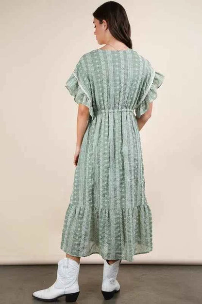 VERY J Embroidered Boho Ruffled Midi Dress