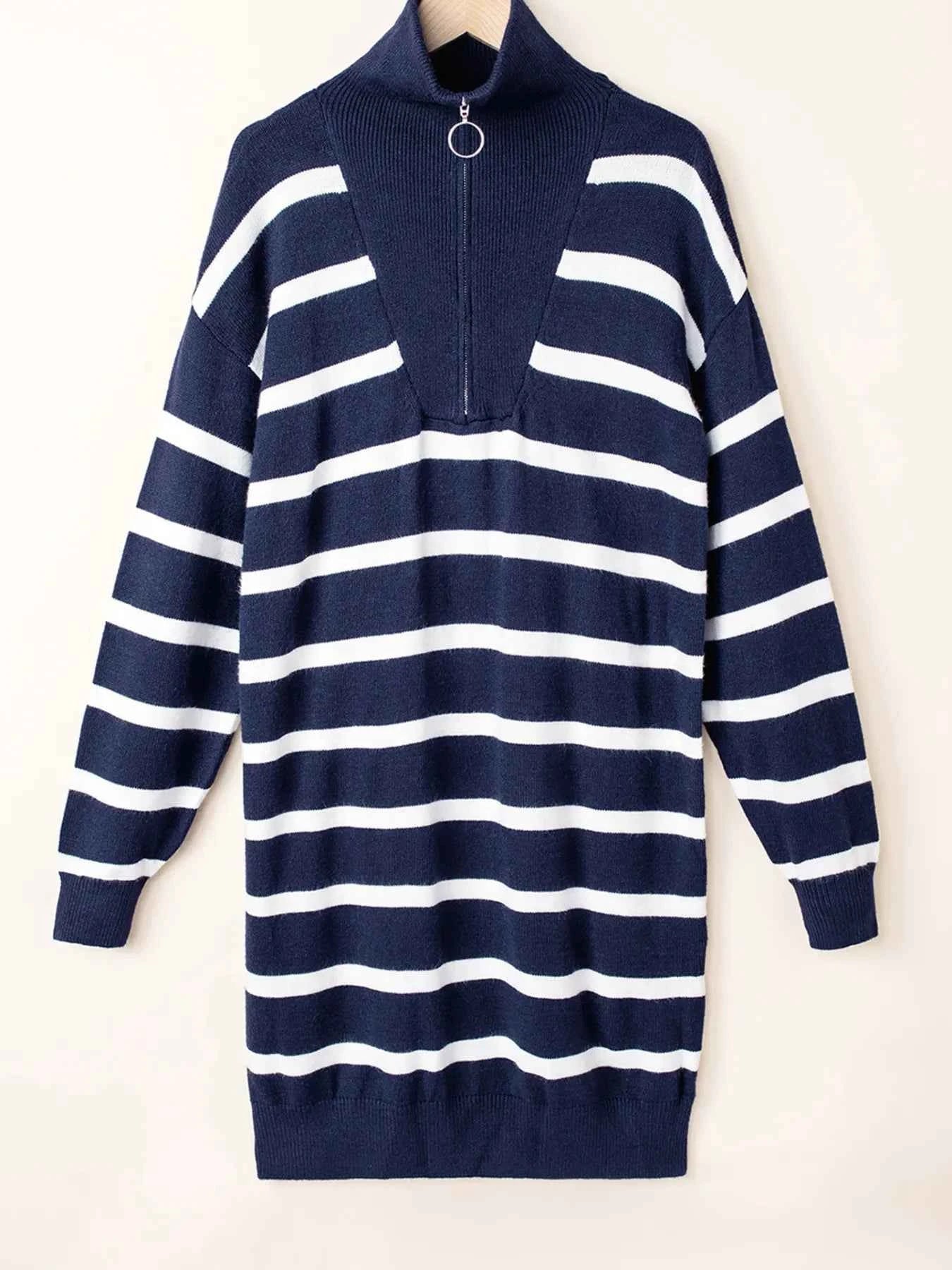 Striped O-ring Zip Collared Loose Sweater Mini Dress