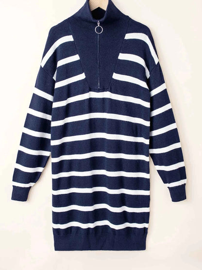 Striped O-ring Zip Collared Loose Sweater Mini Dress