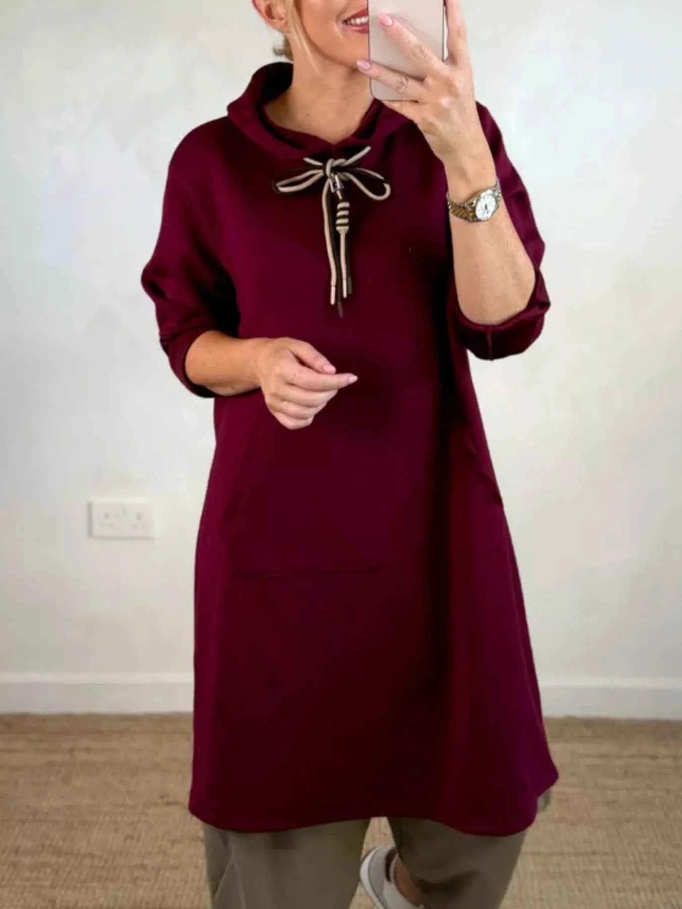 Full Size Casual Drawstring Hooded Sweatshirt Dress Plus Size