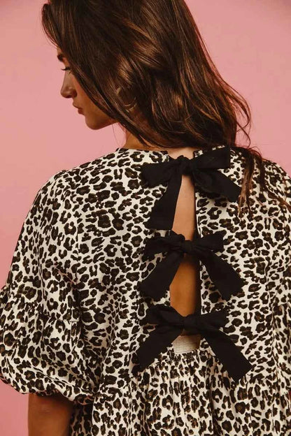 BiBi Leopard Denim Dress With Back Contrast Tie Detail