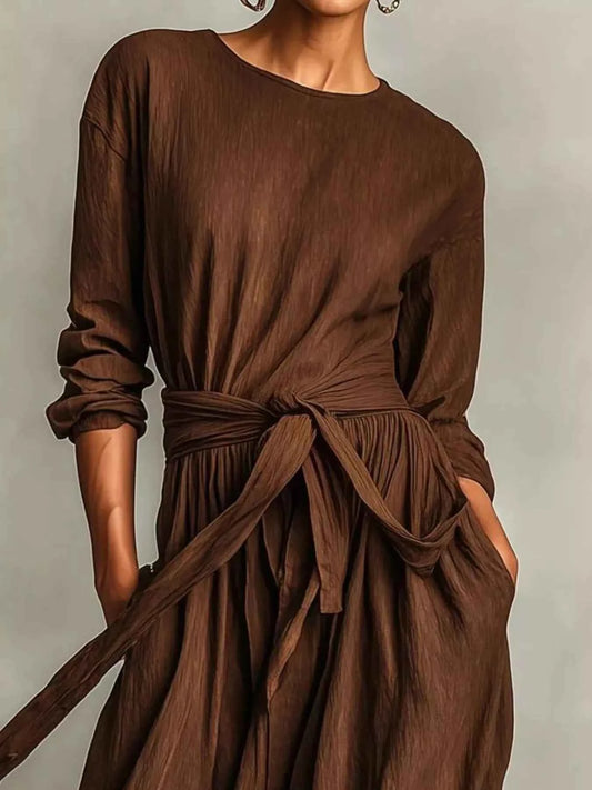 Full Size Long Sleeve Tie Waist Maxi Dress Plus Size