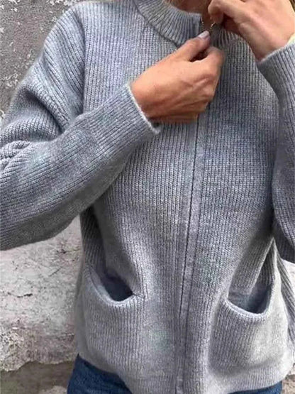 Full Size Zip Up Ribbed Knit Cardigan with Front Pockets Plus Size