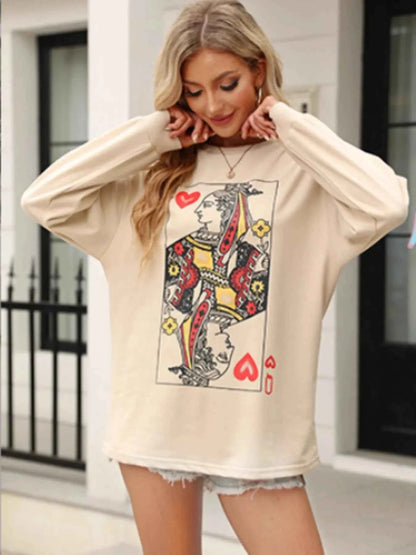 Queen of Hearts Playing Card Graphic Round Neck Sweatshirt