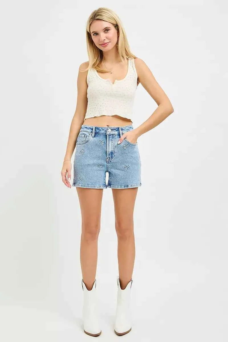 RISEN High Rise Denim Shorts with Embroidered Detail