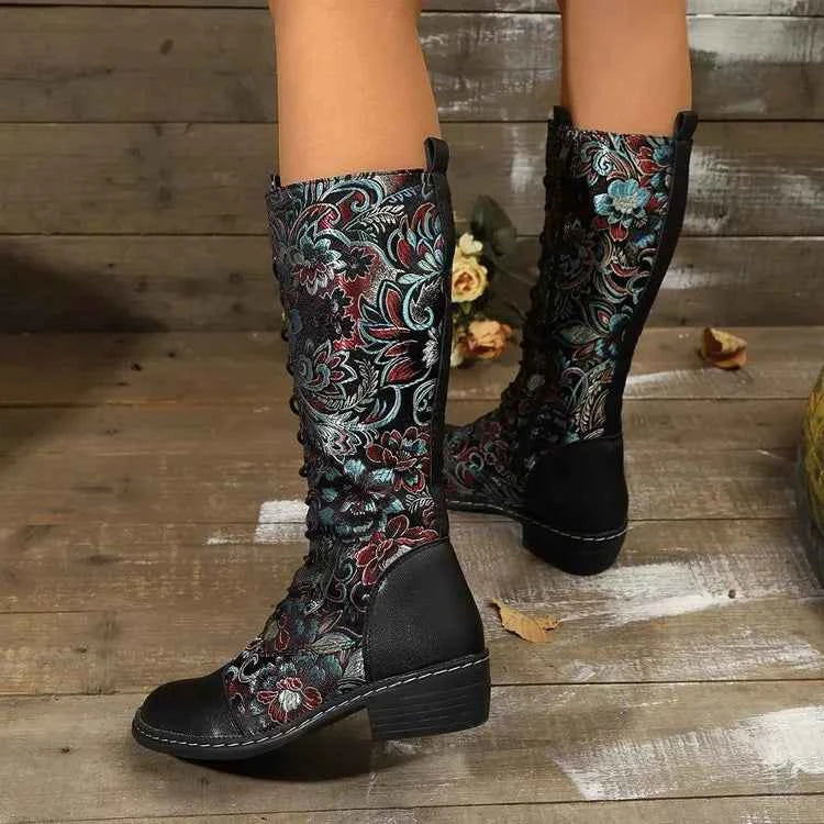 Embroidered Lace-Up Knee High Boots