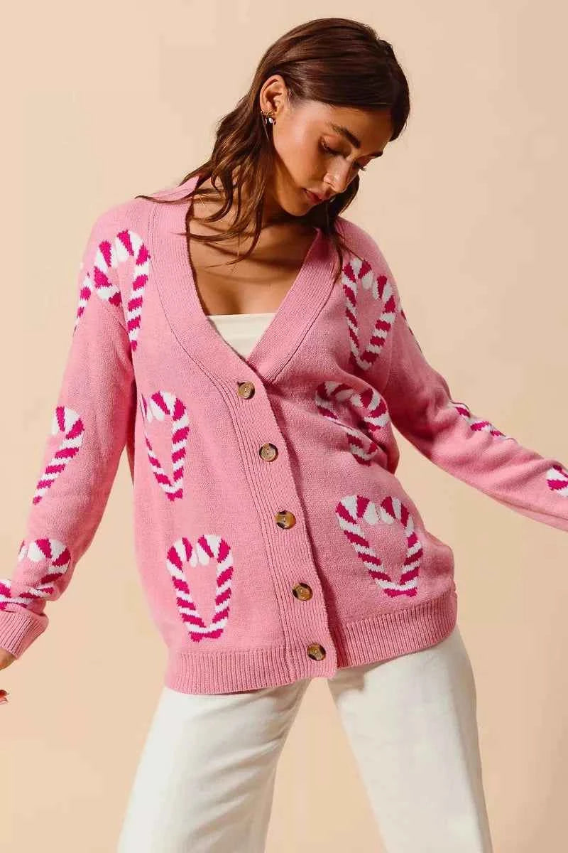 SO ME Christmas Candy Cane Button Front Sweater Cardigan