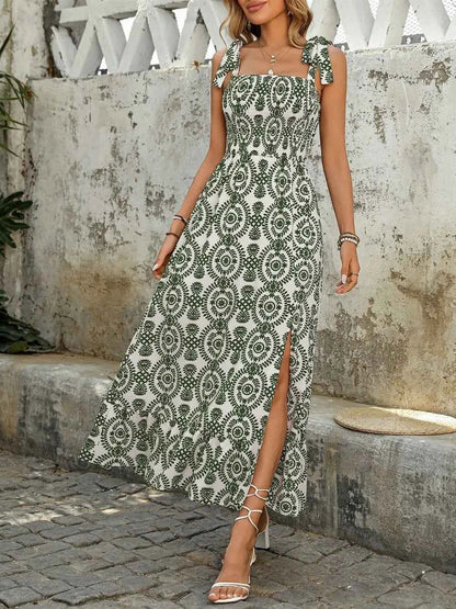 Smocked Slit Printed Tie Shoulder Dress