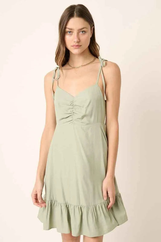 Mittoshop Ruched Detail Spaghetti Tie Mini Dress