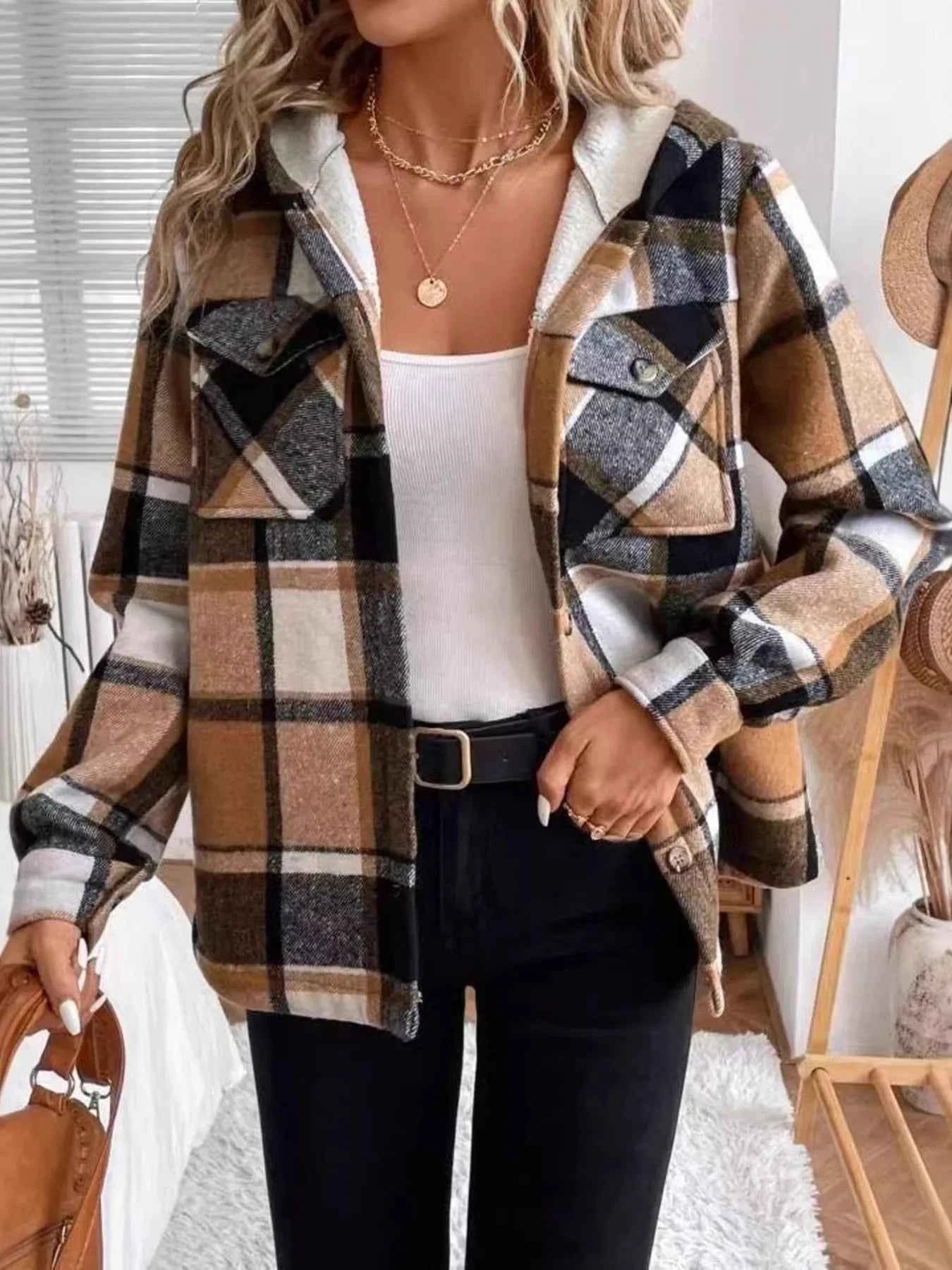 Hooded Plaid Button Up Jacket