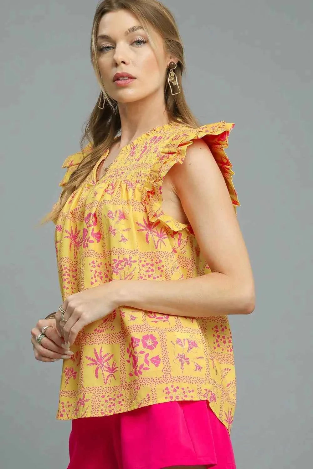 Umgee Printed Ruffle Cap Sleeve Blouse