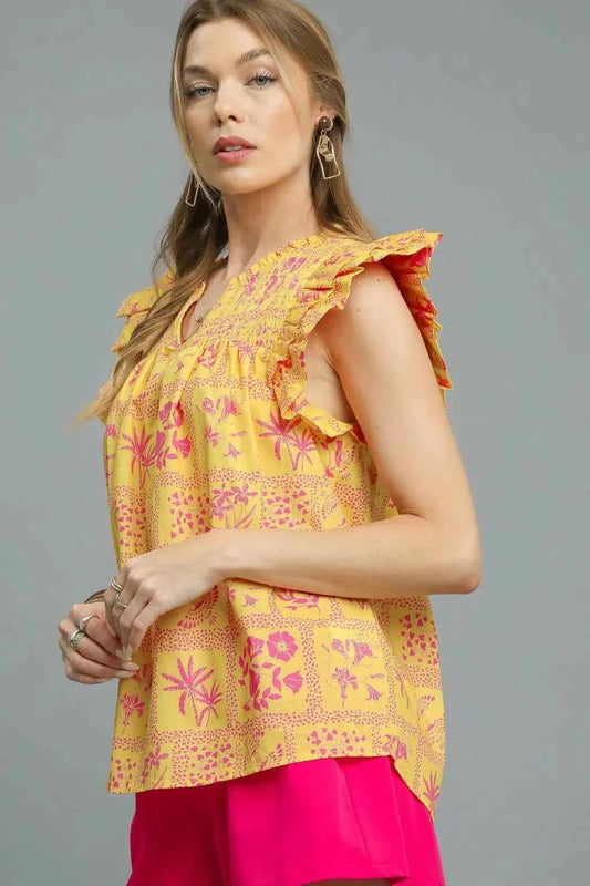 Umgee Printed Ruffle Cap Sleeve Blouse
