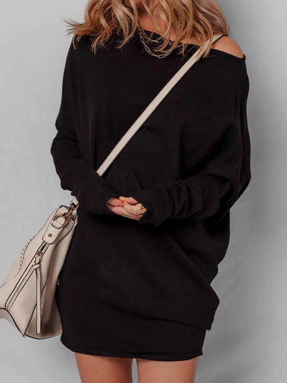 Asymmetric Neck Batwing Sleeve Shift Mini Sweater Dress