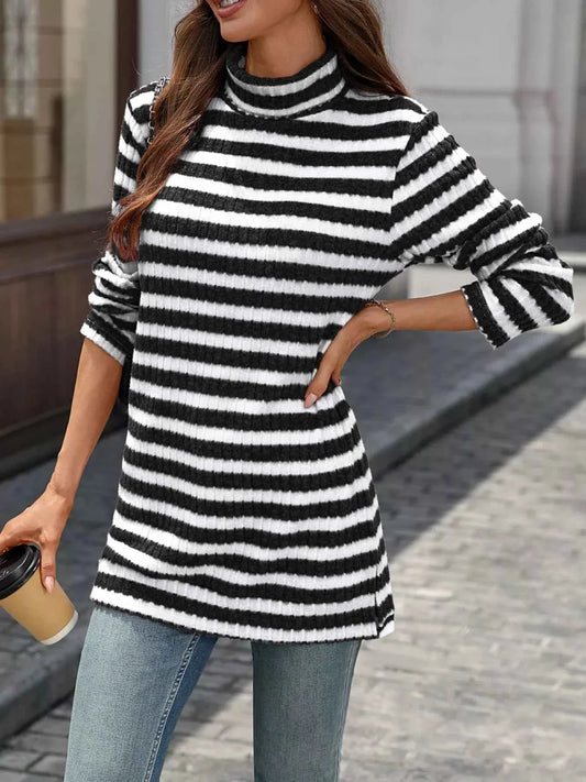 Striped Turtleneck Long Sleeve Knit Top