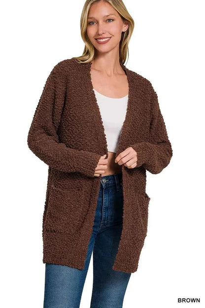 Zenana Long Sleeve Popcorn Sweater Cardigan with Pockets