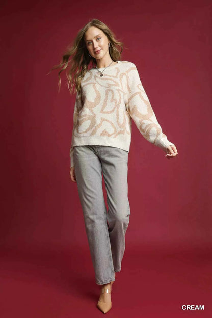 Umgee Heart Print Crew Neck Sweater