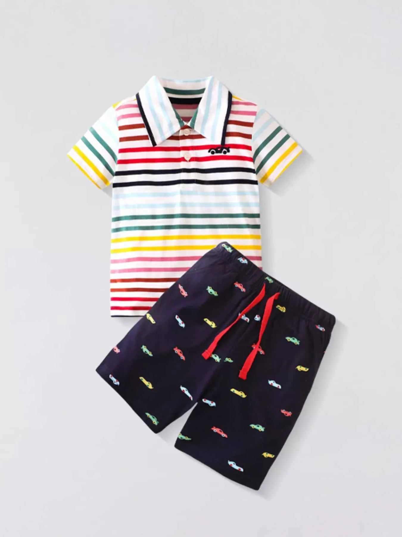 Children's Colorful Striped Polo Shirt and Car Print Shorts Set