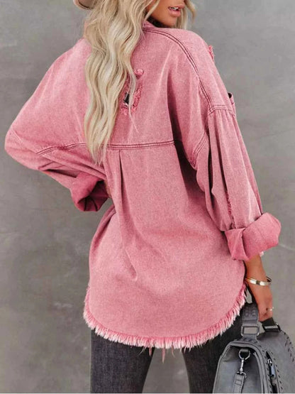 Raw Hem Button Up Denim Shacket