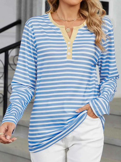 Striped Long Sleeve Henley T-Shirt