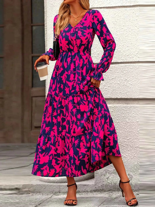 Printed V-Neck Flounce Sleeve Tiered Midi Dress