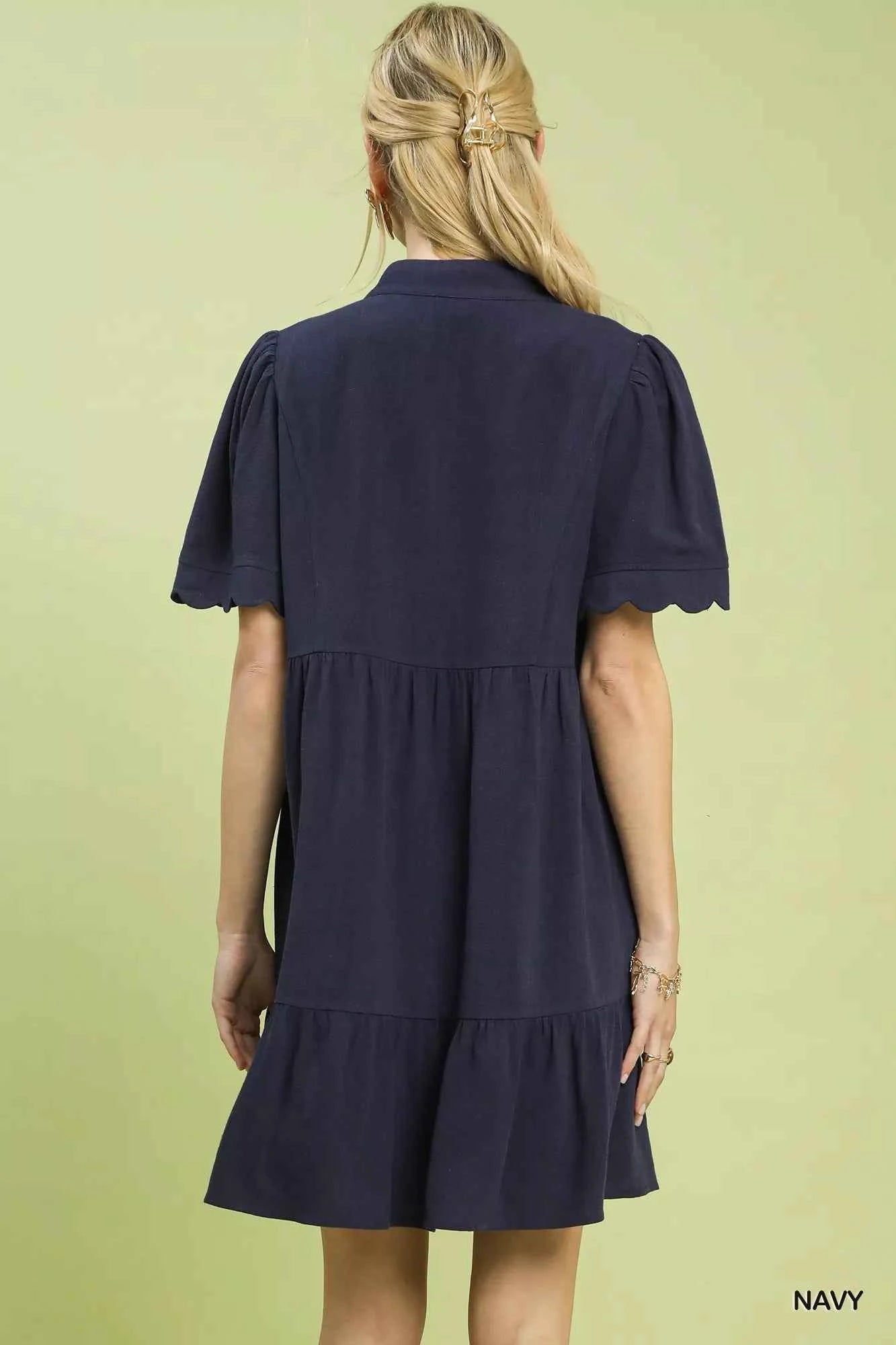 Umgee Linen Tiered Babydoll Dress with Scalloped Sleeves