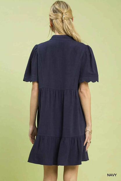 Umgee Linen Tiered Babydoll Dress with Scalloped Sleeves