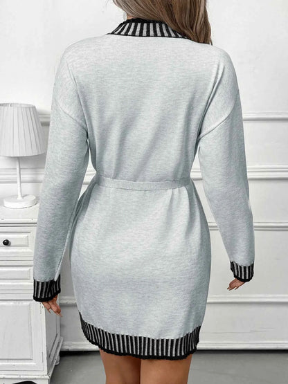 Striped Trim Tie Waist Sweater Dress