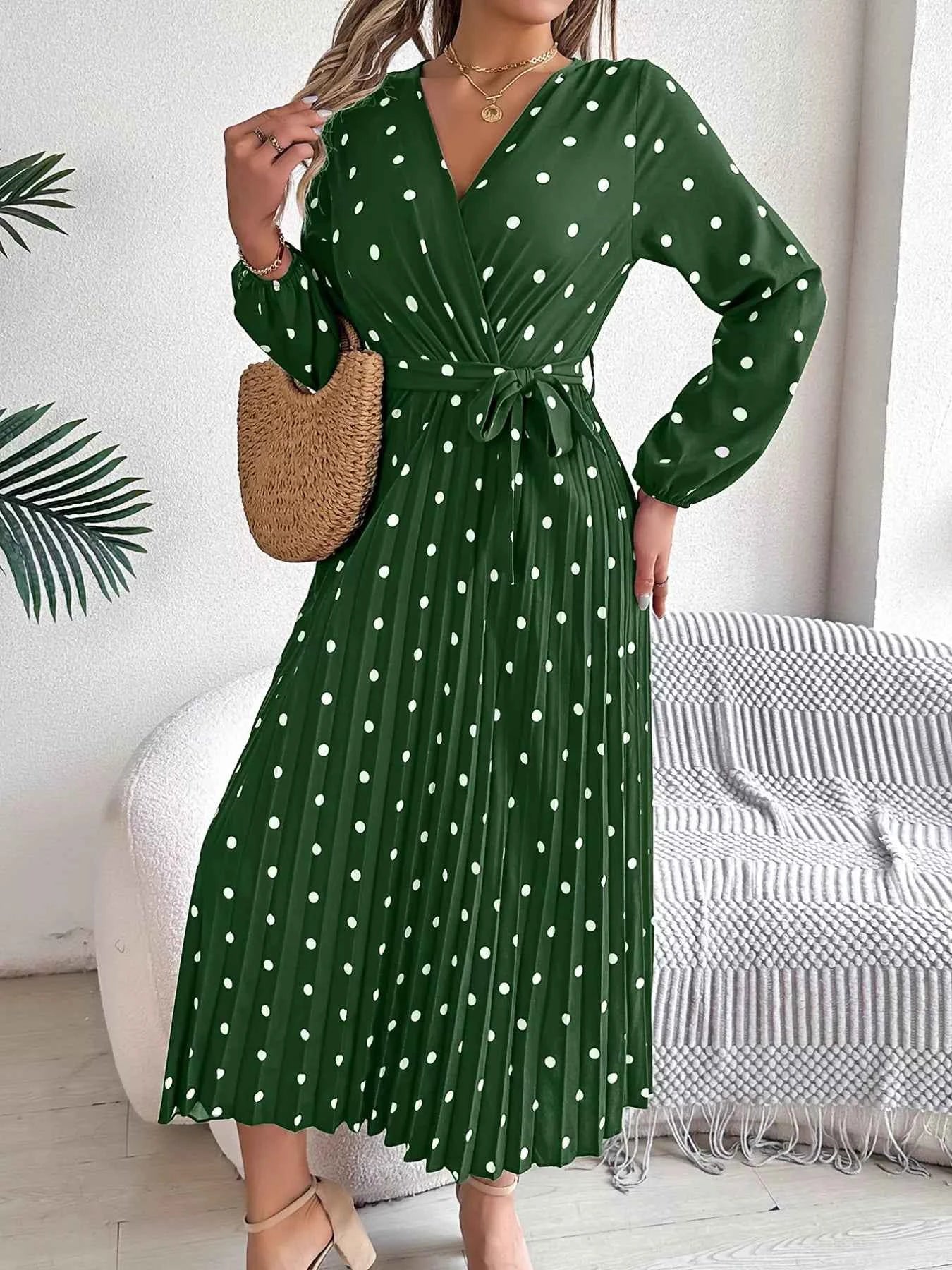 Front Tie Polka Dot Midi Pleated Dress