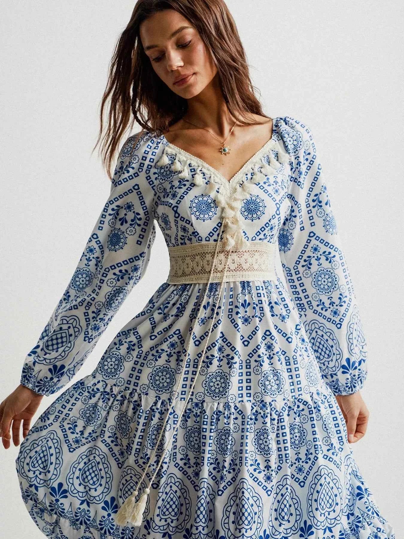 Bohemian Print Midi Dress with Tassel Detail