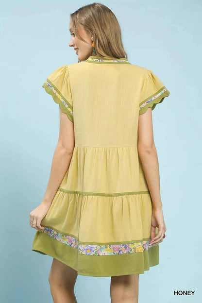 Umgee Linen Tiered Flutter Sleeve Dress with Floral Trim