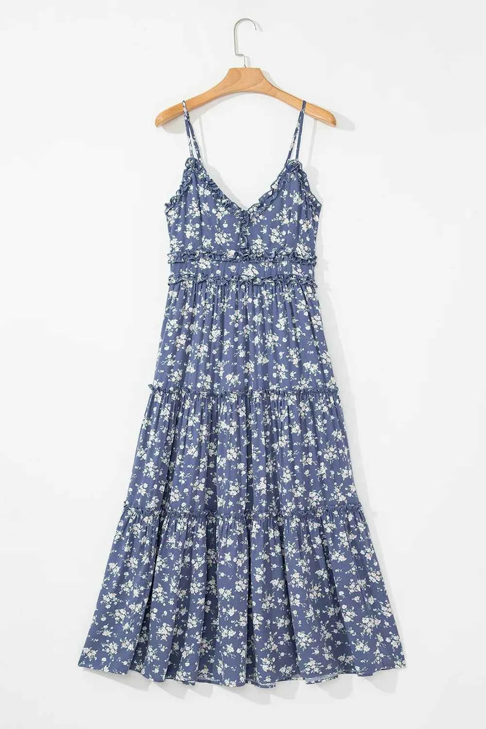 Floral Spaghetti Strap Frilled V Neck Tiered Midi Dress
