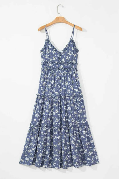 Floral Spaghetti Strap Frilled V Neck Tiered Midi Dress