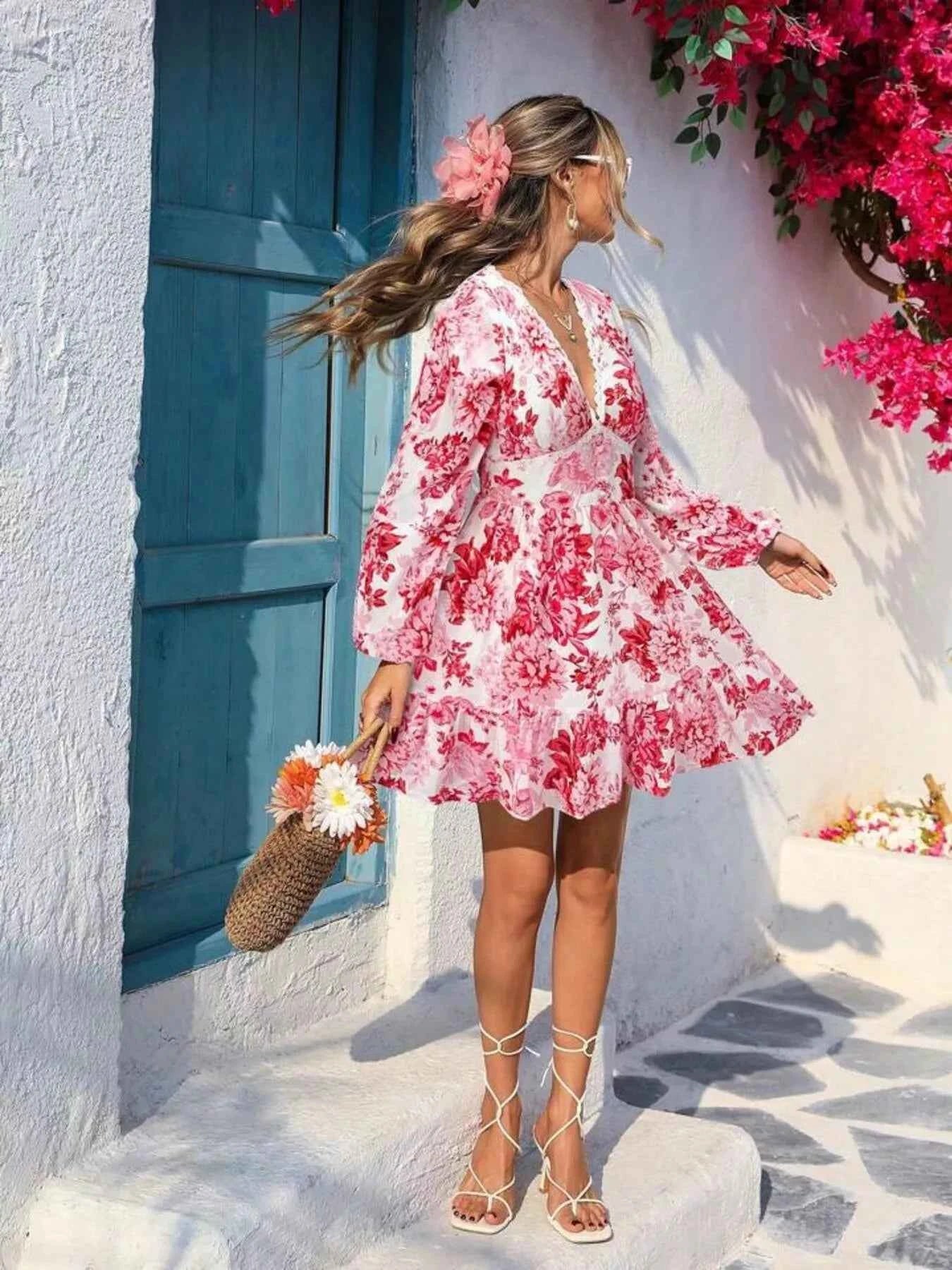 Full Size Floral Print V-Neck Long Sleeve Ruffle Hem Mini Dress Plus Size