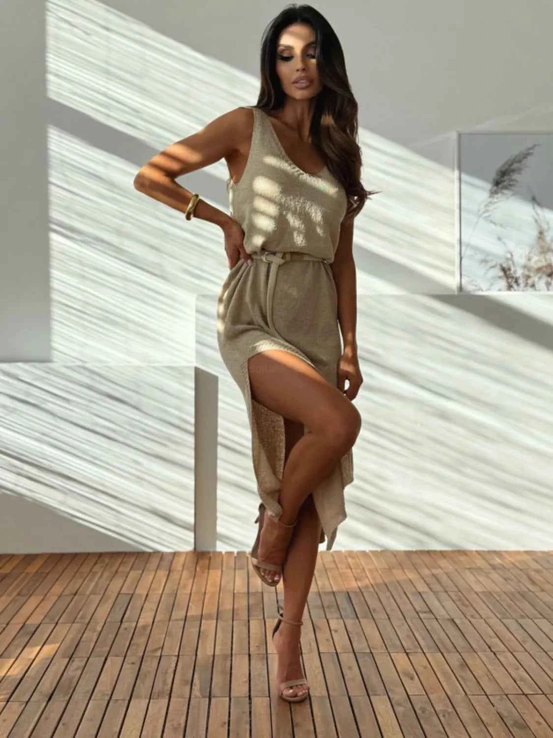 Slit V-Neck Sleeveless Sweater Dress