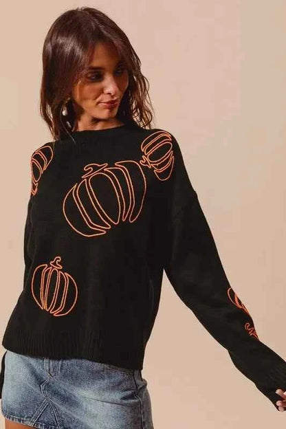 SO ME Pumpkin Embroidered Halloween Thanksgiving Sweater
