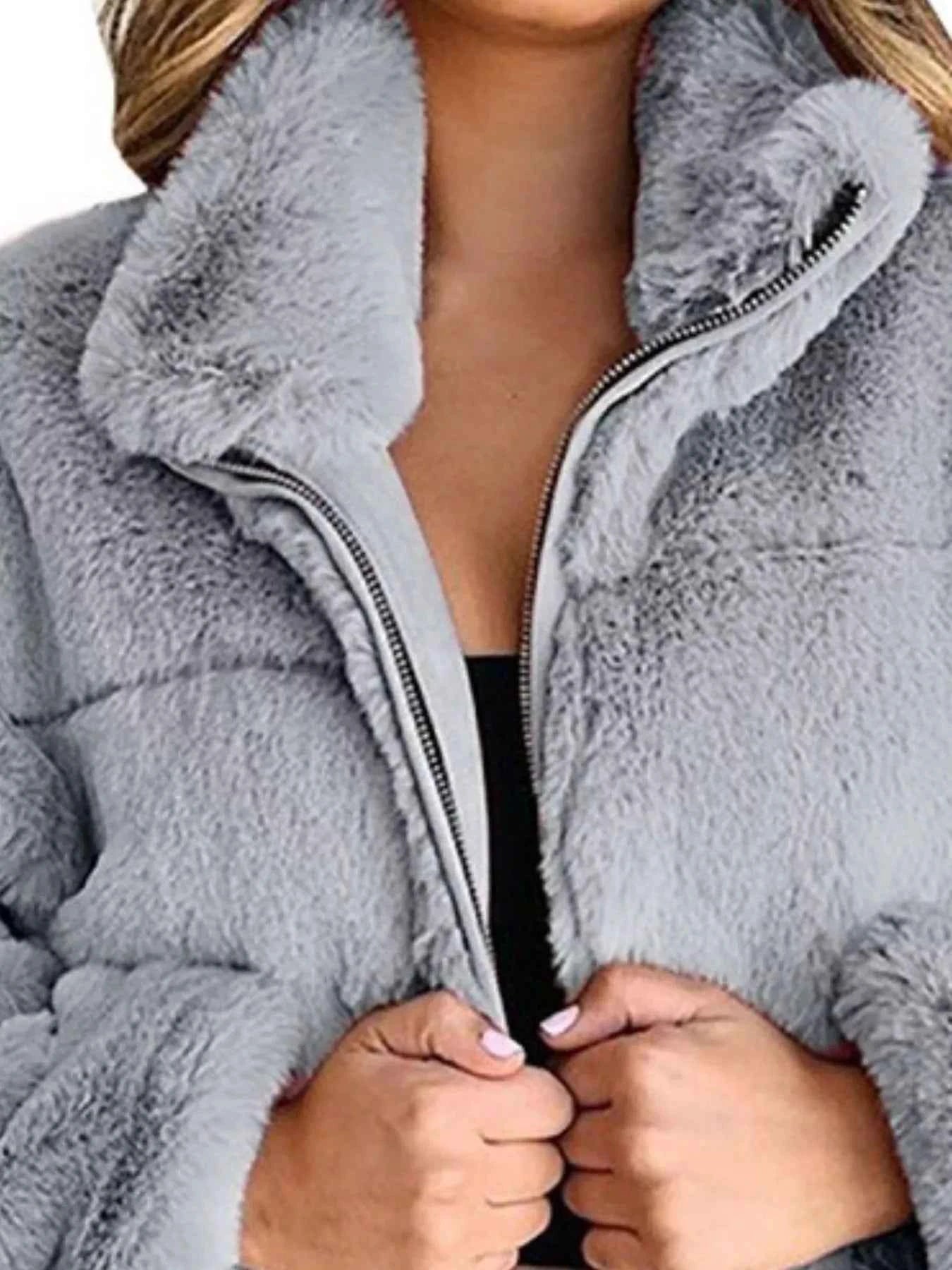 Full Size Faux Fur Cropped Zip-Up Jacket Plus Size