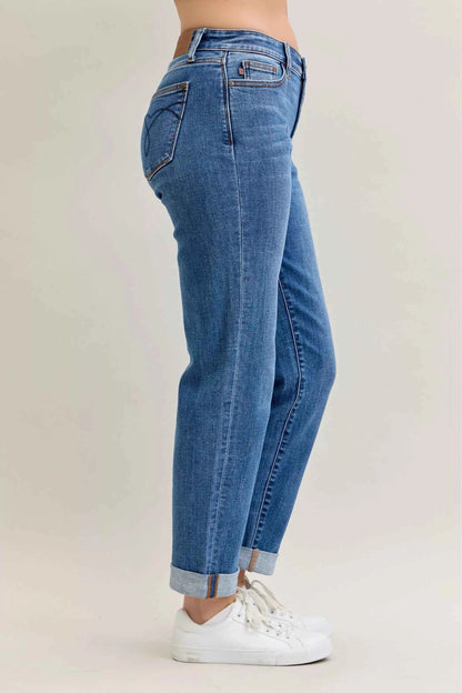 Judy Blue Full Size Mid Rise BF Classic Cuffed Jeans Plus Size