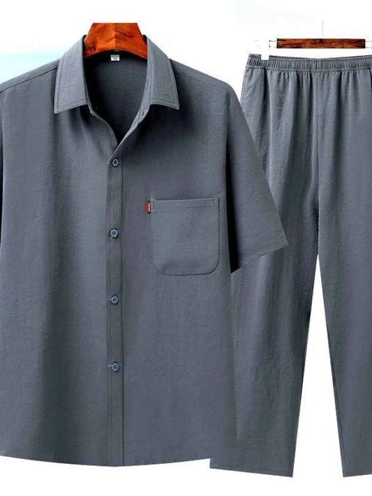 Men's Full Size Button Up Short Sleeve Shirt and Pants Set Plus Size